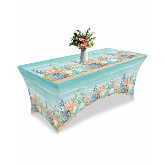 Fitted Tablecloth 6ft Shell Starfish Rectangular Tablecloths Stretch Spandex Table Cover Washable Elastic Ocean Coral Marine Life Teal Table Cloth Protector for Dinner Party Wedding Banquet