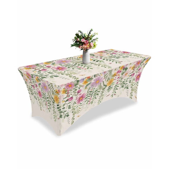 Fitted Tablecloth 6ft Spring Floral Rectangular Tablecloths Stretch Spandex Table Cover Washable Elastic Daisy Eucalyptus Leaves Linen Table Cloth Protector for Dinner Party Wedding Banquet