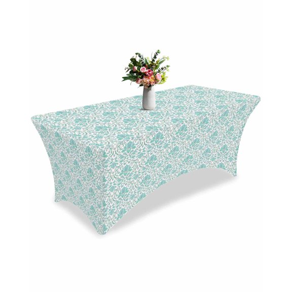 Fitted Tablecloth 6ft Teal Abstract Flower Rectangular Tablecloths Stretch Spandex Table Cover Washable Elastic Abstract Medieval Mural Table Cloth Protector for Dinner Party Wedding Banquet