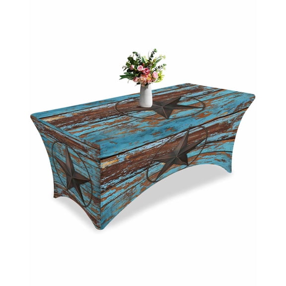Fitted Tablecloth 6ft Western Texas Star Barn Rectangular Tablecloths Stretch Spandex Table Cover Washable Elastic Rustic Teal Wood Grain Table Cloth Protector for Dinner Party Wedding Banquet