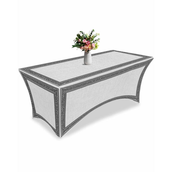 Fitted Tablecloth 6ft White Linen Key Design Rectangular Tablecloths Stretch Spandex Table Cover Washable Elastic Geometric Back Print Table Cloth Protector for Dinner Party Wedding Banquet