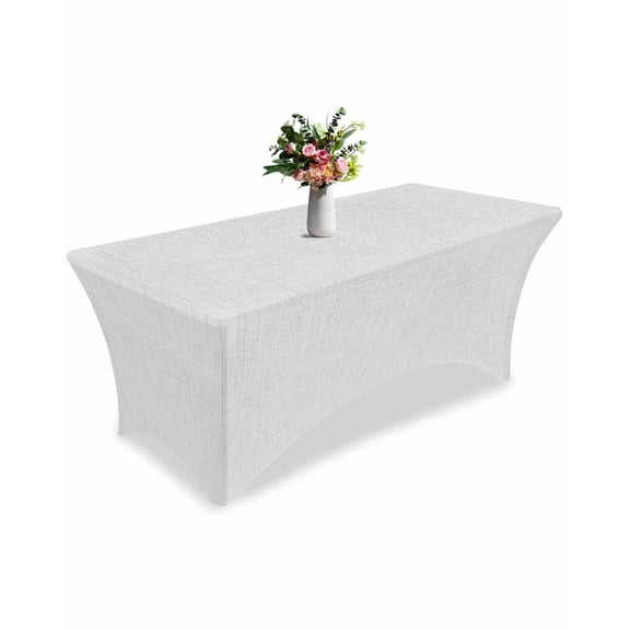 Fitted Tablecloth 6ft White Linen Texture Rectangular Tablecloths Stretch Spandex Table Cover Washable Elastic Vintage Solid Color Table Cloth Protector for Dinner Party Wedding Banquet
