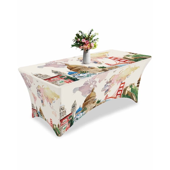 Fitted Tablecloth 6ft World Map Rectangular Tablecloths Stretch Spandex Table Cover Washable Elastic Famous Building Tourism Bridge Table Cloth Protector for Dinner Party Wedding Banquet