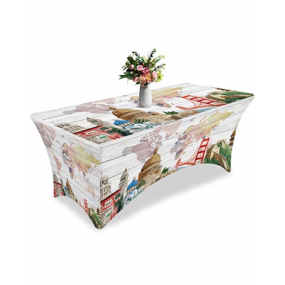 Fitted Tablecloth 6ft World Map Rectangular Tablecloths Stretch Spandex Table Cover Washable Elastic Famous Building Tourism Bridge Wood Grain Table Cloth Protector for Dinner Party Wedding Banquet