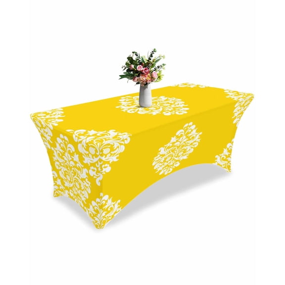Fitted Tablecloth 6ft Yellow Flower Rectangular Tablecloths Stretch Spandex Table Cover Washable Elastic Classical Luxury Abstract Art Table Cloth Protector for Dinner Party Wedding Banquet