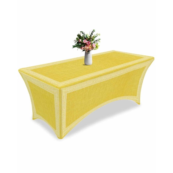 Fitted Tablecloth 6ft Yellow Linen Key Design Rectangular Tablecloths Stretch Spandex Table Cover Washable Elastic Geometric Back Print Table Cloth Protector for Dinner Party Wedding Banquet