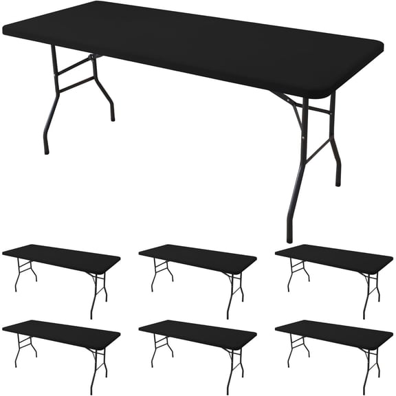 Fitted Tablecloth for 8 Foot Rectangle Tables-6 Pack Black Elastic Outdoor Picnic Table Cover-Spandex Stretch Folding Table Cloths 8ft for Camping Dining Room Patio Kitchen Banquet Party
