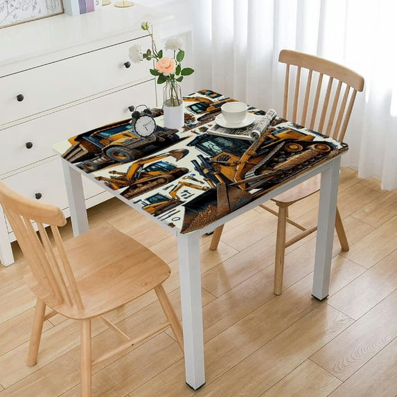 Fitted Tablecloth, Boys Print Polyester Table Cloth, Yellow Colored Construction Site Machinery and Signs, For Holiday Dining Table, Dinner, Party