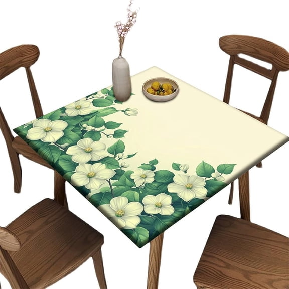 Fitted Tablecloth for Card Table, Green and White Floral Border Pattern Printed on Washable Patio Table Cover Square, Ideal for Restaurant Cafe Bistro Business, Fit for 36" x 36" Square Tables