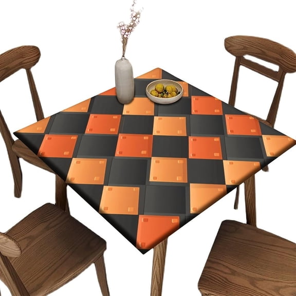 Fitted Tablecloth with Elastic Edge, Black and Orange Plaid Pattern Printed on Polyester Camping Patio Table Covers, Use for Trade Show Booth Exhibition, Fit for 32" x 32" Square Tables