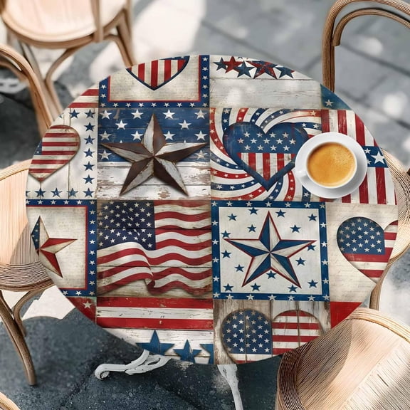Fitted Tablecloth for Round, 250th Anniversary Patriotic Patchwork Table Cover with Elastic Edge Waterproof Table Cloth, Hearts Stars Flags Circle Covers for Kitchen Indoor Outdoor Picnic Party