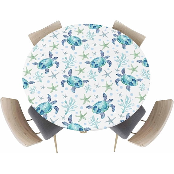Fitted Tablecloth for Round,Blue Sea Turtle Starfish Coral Table Cover with Elastic Edge Waterproof Table Cloth,Watercolor Ocean Animal Circle Covers for Kitchen Picnic Party