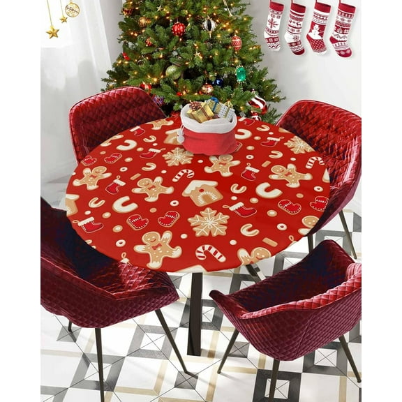 Fitted Tablecloth for Round, Cartoon Christmas Gingerbread Man on Red Table Cover with Elastic Edge Waterproof Table Cloth, Winter Xmas Candy Circle Covers for Kitchen Indoor Outdoor Picnic Party