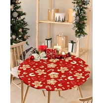 Fitted Tablecloth for Round, Cartoon Christmas Gingerbread Man on Red Table Cover with Elastic Edge Waterproof Table Cloth, Winter Xmas Candy Circle Covers for Kitchen Indoor Outdoor Picnic Party