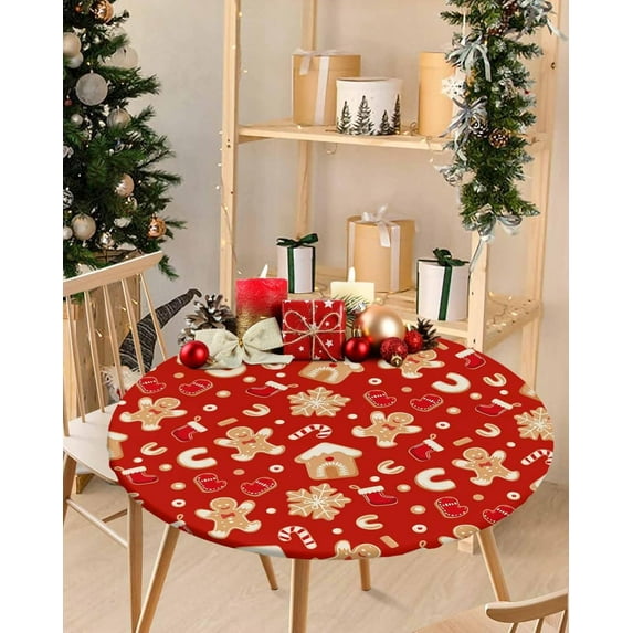 Fitted Tablecloth for Round, Cartoon Christmas Gingerbread Man on Red Table Cover with Elastic Edge Waterproof Table Cloth, Winter Xmas Candy Circle Covers for Kitchen Indoor Outdoor Picnic Party