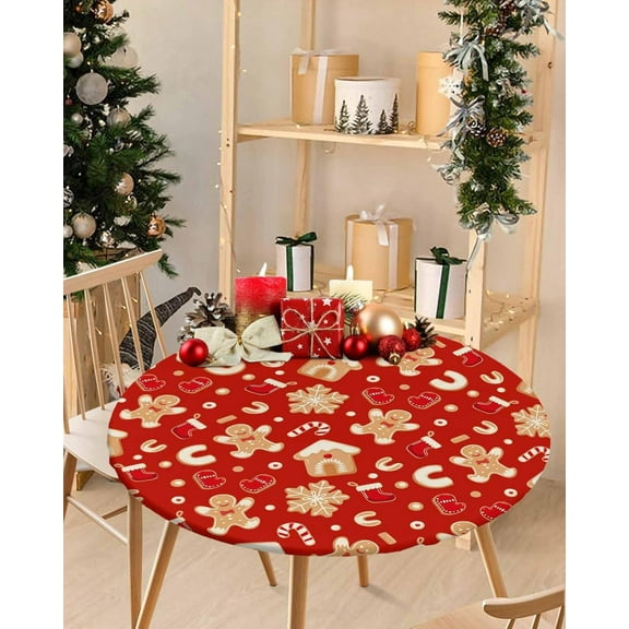 Fitted Tablecloth for Round, Cartoon Christmas Gingerbread Man on Red Table Cover with Elastic Edge Waterproof Table Cloth, Winter Xmas Candy Circle Covers for Kitchen Indoor Outdoor Picnic Party