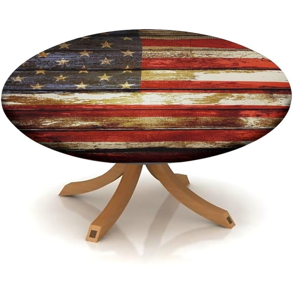 Fitted Tablecloth Round, Elastic Edge Table Covers - Indoor Kitchen Dinning Room or Outdoor Picnic Party Dining Tables Decoration Fits Tables Up to 48''''-52'''' Diameter, Independence-day