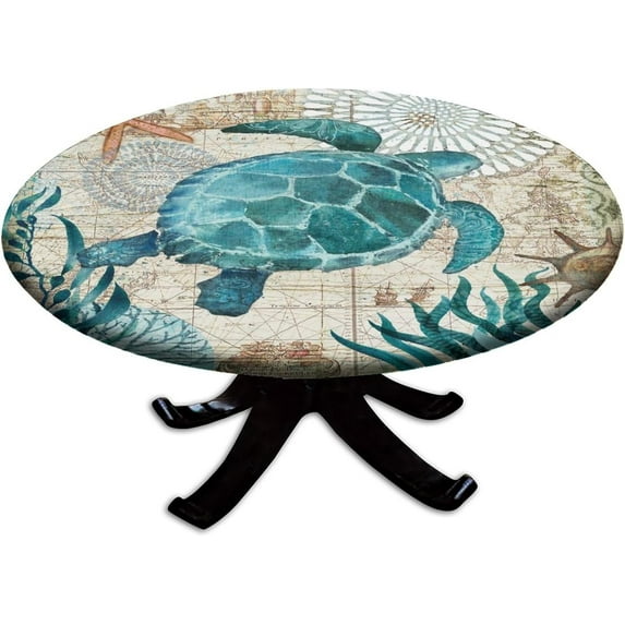 Fitted Tablecloth Round with Elastic, Spring Edge Table Cover Pad for Outdoor Picnic Party or Indoor Kitchen Patio Dining Table Decor Fits Tables Up to 56'''' Diameter, Turtle-1