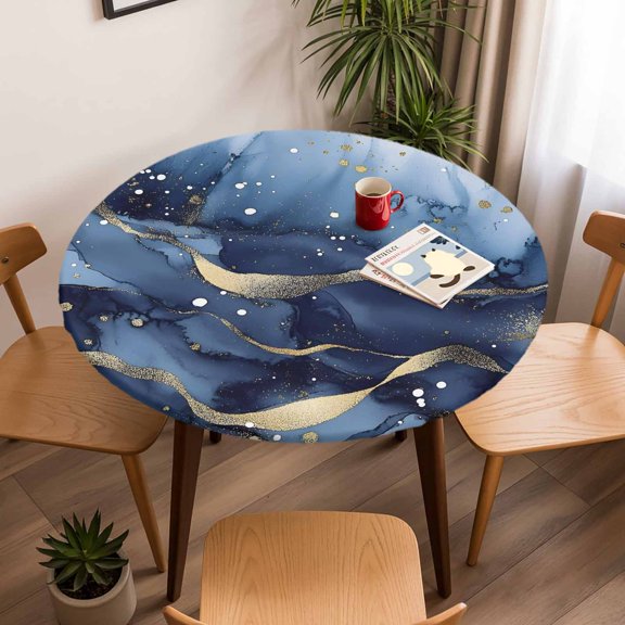 Fitted Tablecloth for Round Table,Abstract Marble Gradient Texture Table Cover with Elastic Edge Waterproof Table Cloth,Blue Stone with Gold Stripe Circle Table Covers for Kitchen Indoor Outdoor