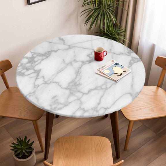 Fitted Tablecloth for Round Table, Abstract Marble Texture Table Cover with Elastic Edge Waterproof Table Cloth, Modern Stone White Gray Circle Table Covers for Kitchen Indoor Outdoor Picnic Party