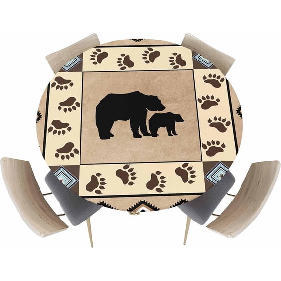 Fitted Tablecloth for Round Table,Autumn Black Bear Forest Animal Footprints Table Cover with Elastic Edge Waterproof Table Cloth,Geometric Boho Artwork Table Covers for Kitchen Indoor Outdoor Picnic