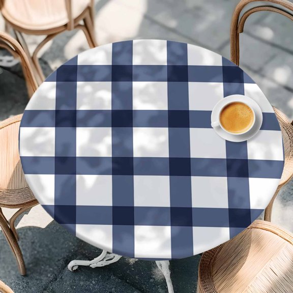 Fitted Tablecloth for Round Table,Blue Gingham Check Farm Style Table Cover with Elastic Edge Waterproof Table Cloth,White Check Plaid Circle Table Covers for Kitchen Indoor Outdoor Picnic Party