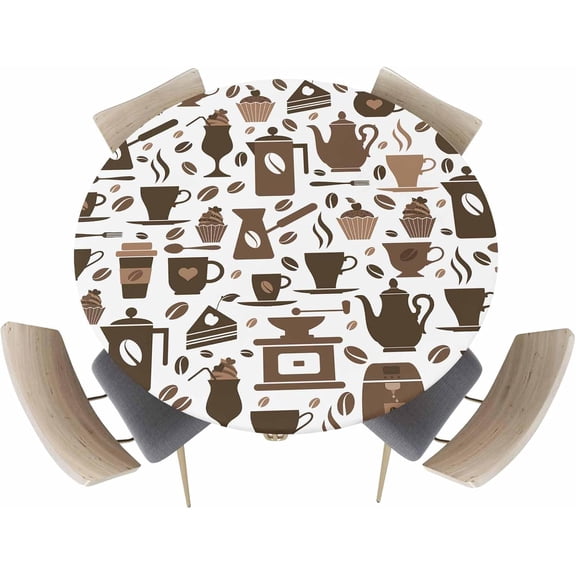 Fitted Tablecloth for Round Table,Brown Coffee Beans Coffee Cup Seamless Table Cover with Elastic Edge Waterproof Table Cloth,Retro Coffee Theme Circle Table Covers for Kitchen Indoor Outdoor Picnic