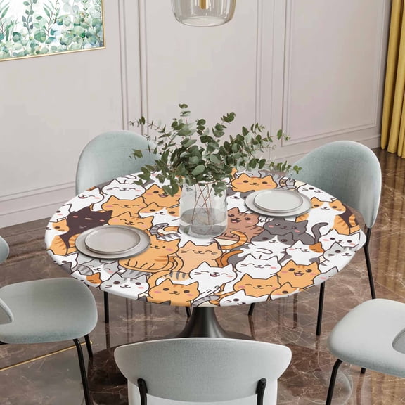 Fitted Tablecloth for Round Table, Cartoon Cute Kitty Table Cover with Elastic Edge Waterproof Table Cloth, Modern Funny Pet Cat Circle Table Covers for Kitchen Indoor Outdoor Picnic Party