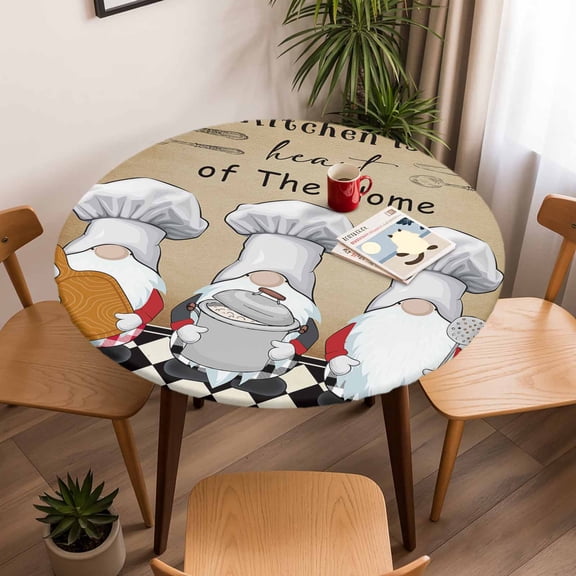 Fitted Tablecloth for Round Table,Chef Gnome Kitchen Cooking Black Buffalo Plaid Table Cover with Elastic Edge Waterproof Table Cloth,Dwarf Retro Brown Back Circle Table Covers for Indoor Outdoor