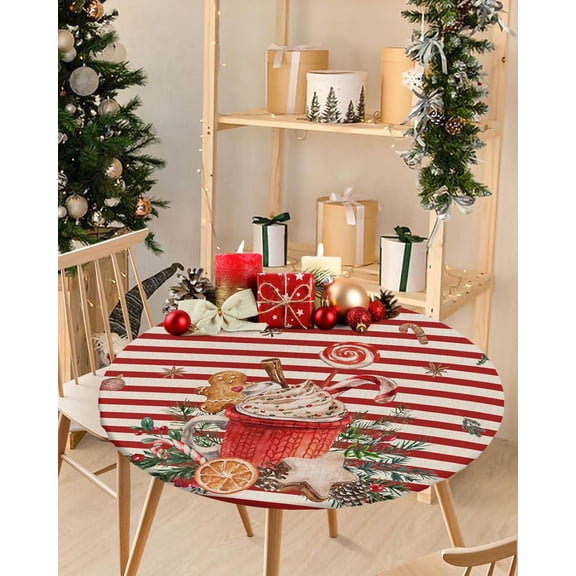 Fitted Tablecloth for Round Table,Christmas Coffee Candy Red Stripe Linen Table Cover with Elastic Edge Waterproof Table Cloth,Xmas Pine Cone Circle Table Covers for Kitchen Indoor Outdoor 36-44in