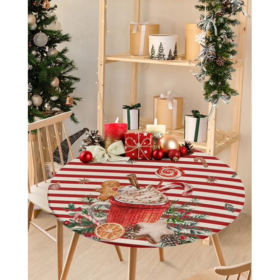 Fitted Tablecloth for Round Table,Christmas Coffee Candy Red Stripe Linen Table Cover with Elastic Edge Waterproof Table Cloth,Xmas Pine Cone Circle Table Covers for Kitchen Indoor Outdoor 45-52in