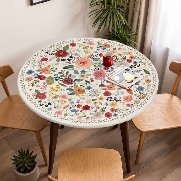 Fitted Tablecloth for Round Table,Country Wild Flower Bohemian Table Cover with Elastic Edge Waterproof Table Cloth,Colorful Floral Ombre Leaves Circle Table Covers for Kitchen Indoor Outdoor Picnic