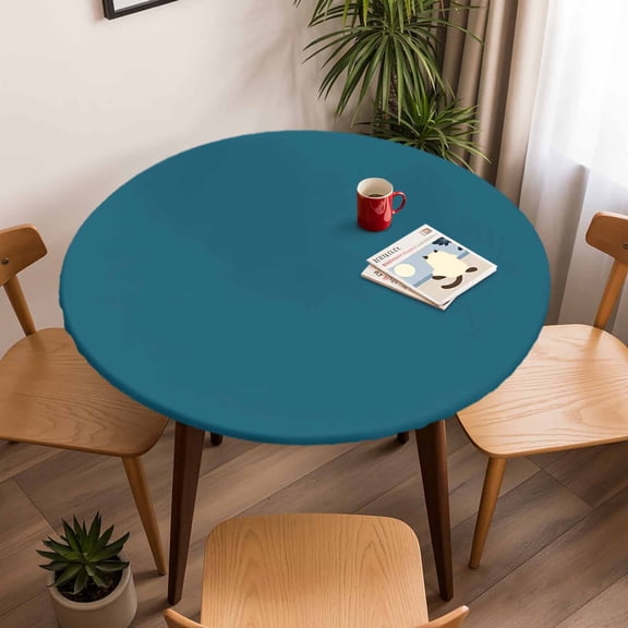 Fitted Tablecloth for Round Table, Dark Teal Table Cover with Elastic Edge Waterproof Table Cloth, Solid Green Color Circle Table Covers for Kitchen Indoor Outdoor Picnic Party