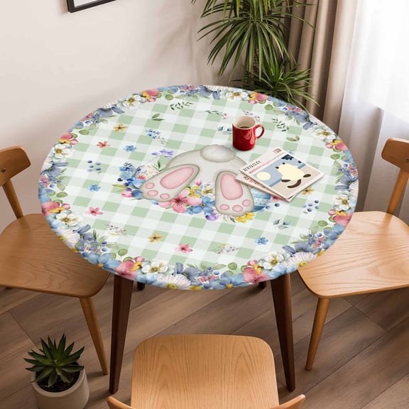 Fitted Tablecloth for Round Table,Easter Spring Flower Bunny Tail Table Cover with Elastic Edge Waterproof Table Cloth,Green White Buffalo Plaid Circle Table Covers for Kitchen Indoor Outdoor Picnic