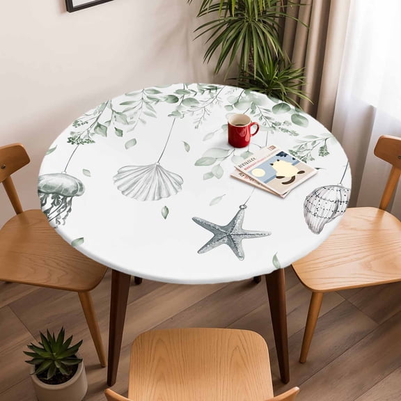 Fitted Tablecloth for Round Table,Eucalyptus Leaves on Top Table Cover with Elastic Edge Waterproof Table Cloth,Abstract Marine Life Jellyfish Circle Table Covers for Kitchen Indoor Outdoor Picnic