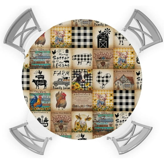 Fitted Tablecloth for Round Table,Farm Animal Cow Pig Vintage Black Buffalo Plaid Table Cover with Elastic Edge Waterproof Table Cloth,Summer Sunflower Chicken Barn Circle Table Covers 45-54in