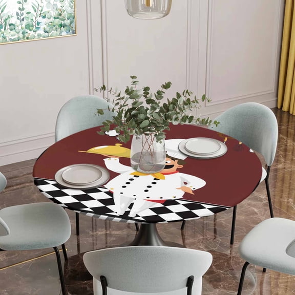 Fitted Tablecloth for Round Table,Funny Chef Food Cutlery Table Cover with Elastic Edge Waterproof Table Cloth,Black White Plaid Dark Maroon Circle Table Covers for Kitchen Indoor Outdoor Picnic