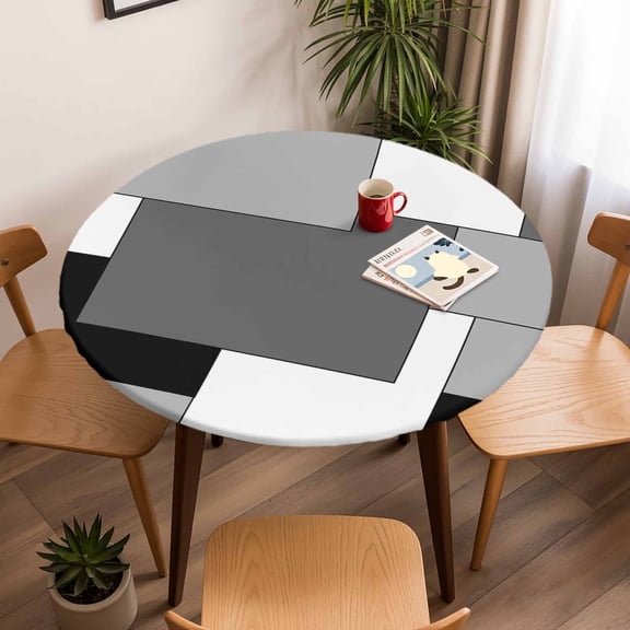 Fitted Tablecloth for Round Table, Grey Art Color Block Geometry Grid Table Cover with Elastic Edge Waterproof Table Cloth, Abstract Circle Table Covers for Kitchen Indoor Outdoor Picnic Party