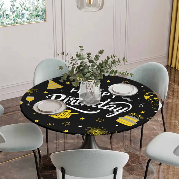 Fitted Tablecloth for Round Table, Happy Birthday Cake Balloon Firework Table Cover with Elastic Edge Waterproof Table Cloth, Yellow Stars and Gift on Black Circle Table Covers for Kitchen Indoor
