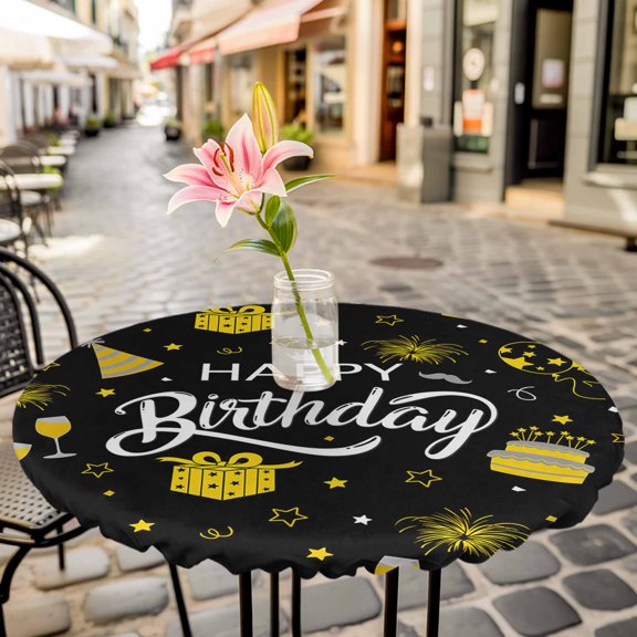 Fitted Tablecloth for Round Table, Happy Birthday Cake Balloon Firework Table Cover with Elastic Edge Waterproof Table Cloth, Yellow Stars and Gift on Black Circle Table Covers for Kitchen Indoor