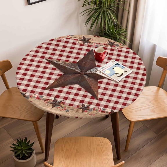 Fitted Tablecloth for Round Table, Independence Day Western Star on Wood Table Cover with Elastic Edge Waterproof Table Cloth, Red Plaid Circle Table Covers for Kitchen Indoor Outdoor Picnic Party