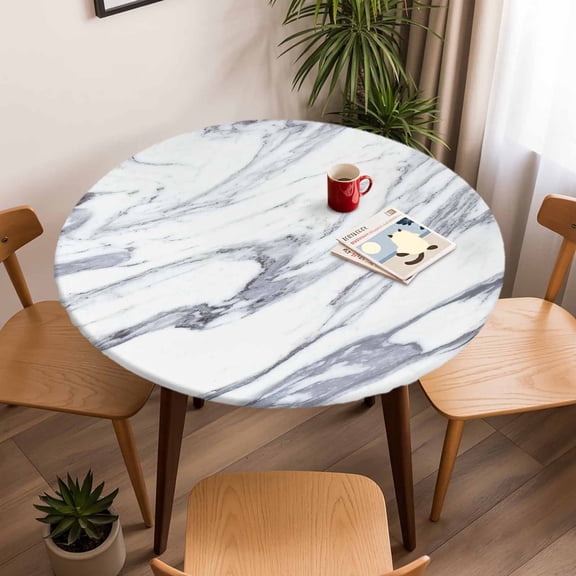 Fitted Tablecloth for Round Table, Marble Stone Texture Table Cover with Elastic Edge Waterproof Table Cloth, Grey and White Circle Table Covers for Kitchen Indoor Outdoor Picnic Party