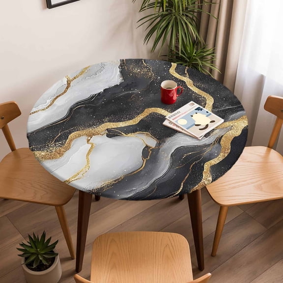 Fitted Tablecloth for Round Table, Natural Black White Marble Gold Crack Table Cover with Elastic Edge Waterproof Table Cloth, Abstract Stone Texture Circle Table Covers for Kitchen Indoor Outdoor
