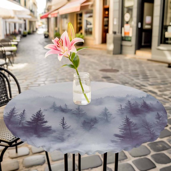Fitted Tablecloth for Round Table, Natural Misty Mountain Tree Forest Table Cover with Elastic Edge Waterproof Table Cloth, Wild Hill Foggy Scenery Circle Table Covers for Kitchen Indoor Outdoor