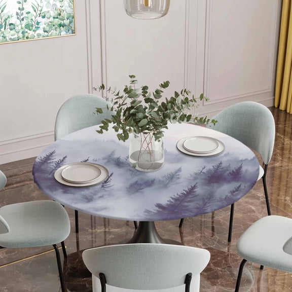Fitted Tablecloth for Round Table, Natural Misty Mountain Tree Forest Table Cover with Elastic Edge Waterproof Table Cloth, Wild Hill Foggy Scenery Circle Table Covers for Kitchen Indoor Outdoor