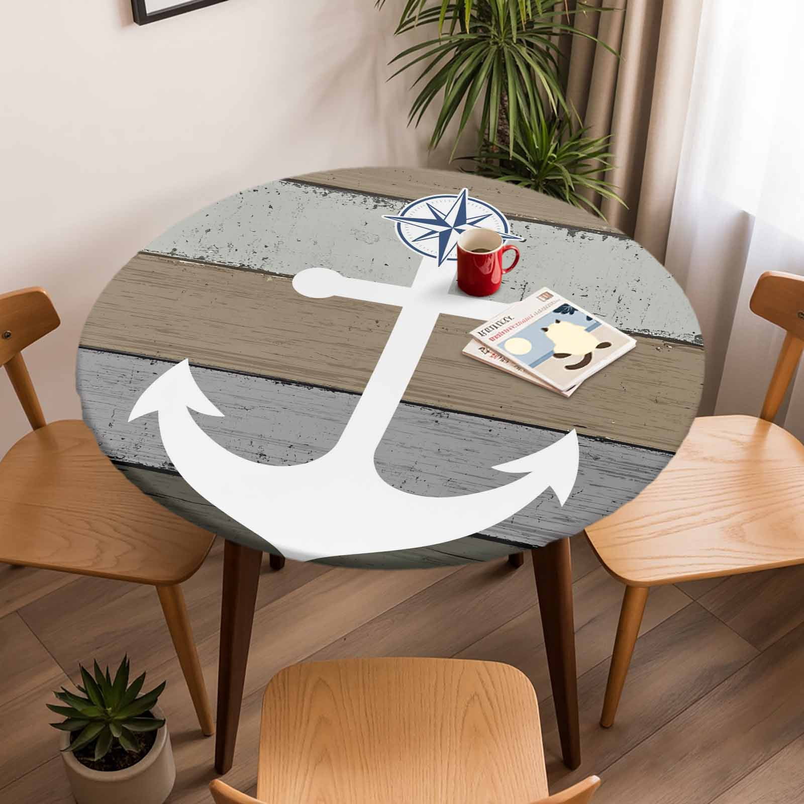 Fitted Tablecloth for Round Table,Nautical Anchor Marine Compass Table ...
