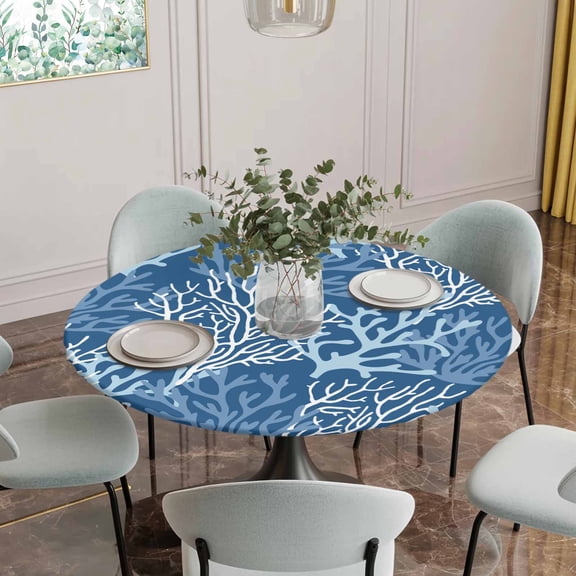 Fitted Tablecloth for Round Table, Ocean Blue Coral Seamless Table Cover with Elastic Edge Waterproof Table Cloth, Sea Coastal Nautical Theme Circle Table Covers for Kitchen Indoor Outdoor Picnic