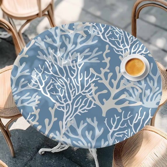 Fitted Tablecloth for Round Table,Ocean Undersea Coral Seaweed Table Cover with Elastic Edge Waterproof Table Cloth,Watercolor Marine Life on Blue Circle Table Covers for Kitchen Indoor Outdoor