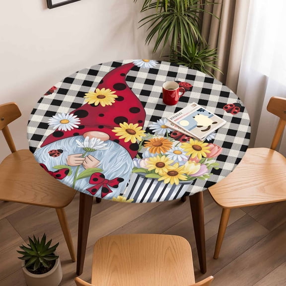 Fitted Tablecloth for Round Table,Pastoral Gnomes Wildflowers Table Cover with Elastic Edge Waterproof Table Cloth,Classic Black Buffalo Plaid Circle Table Covers for Kitchen Indoor Outdoor Picnic