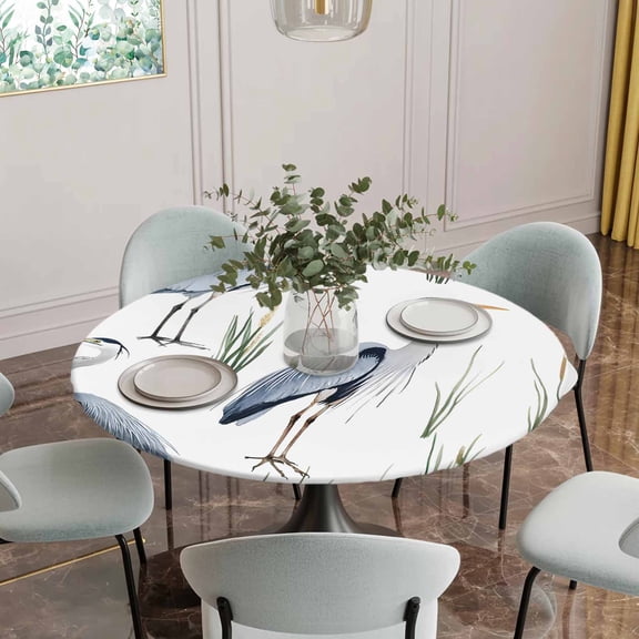 Fitted Tablecloth for Round Table,Sea Bird Seabird Heron on White Table Cover with Elastic Edge Waterproof Table Cloth,Long-beaked Heron Circle Table Covers for Kitchen Indoor Outdoor Picnic Party